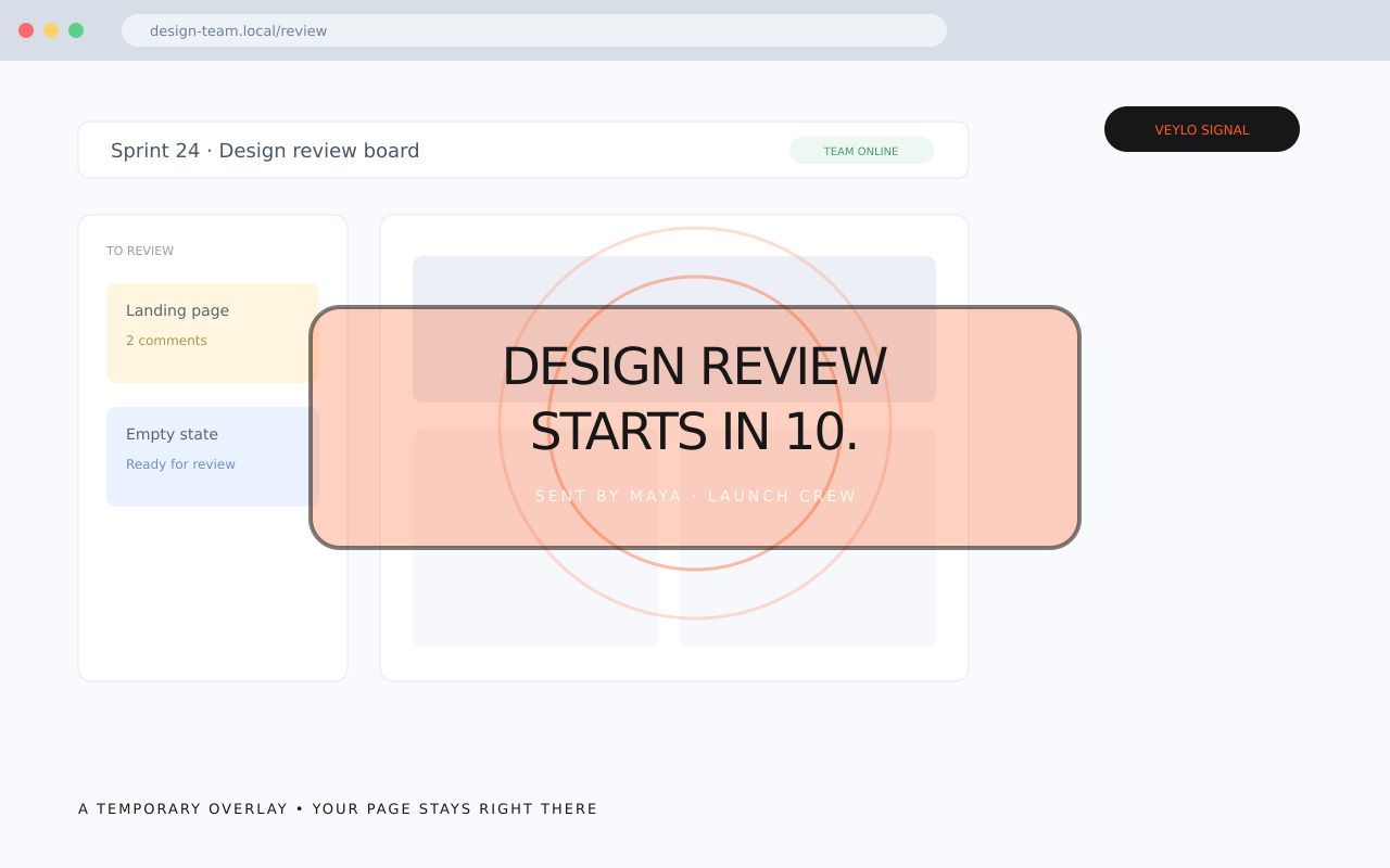 Veylo announcement appearing over a design review webpage